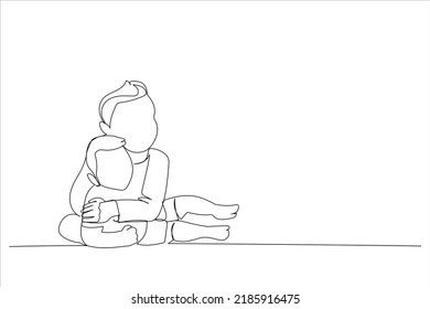 Cartoon of baby and his brother on bed. Single continuous line art style
