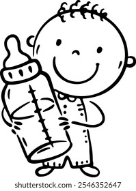 Cartoon baby holding bottle with pacifier. Black and white vector illustration