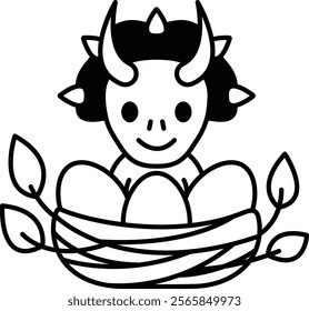 A cartoon of a baby with horns on its head and a basket of eggs. The baby is smiling and he is happy