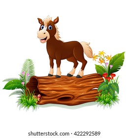 Cartoon baby horse on tree trunk
