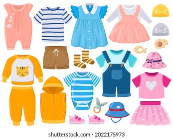 Cartoon baby kids girl and boy clothes, hats, shoes. Childrens fashion clothes, romper, shorts, dress and shoes vector illustration set. Baby cartoon outfits and toys for newborn child