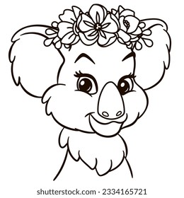 Cartoon baby koala in floral crown. Cute baby animal nursery print