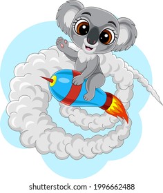 Cartoon baby koala riding rocket