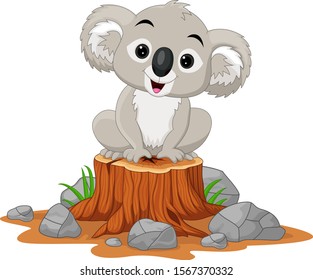 Cartoon baby Koala sitting on tree stump