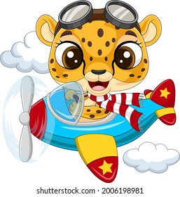 Cartoon baby leopard operating a plane