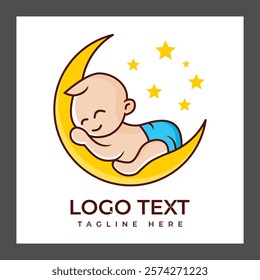 A cartoon baby with light skin and short hair is sleeping on a yellow crescent moon