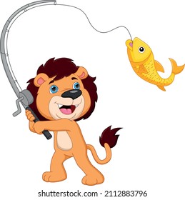 Cartoon Baby Lion Fishing On White Background