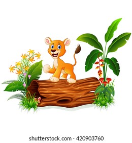 Cartoon baby lion on tree trunk