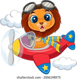 Cartoon baby lion operating a plane