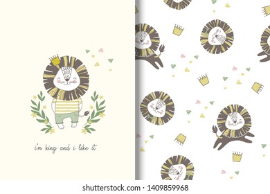 Cartoon baby lion prince jungle animal character. Kids card and seamless background pattern. Illustration for kids poster, card, baby shower. Hand drawn cartoon design vector.