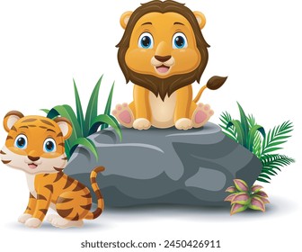 Cartoon baby lion and tiger sitting on the stone