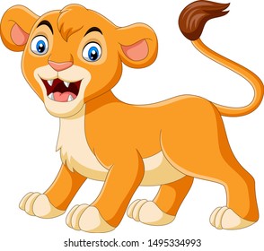 Cartoon baby lioness roaring on white background