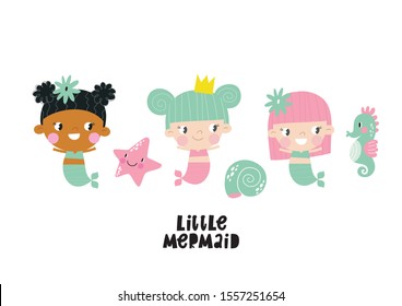 Cartoon baby mermaid  vector print. Funny children mermaid princess