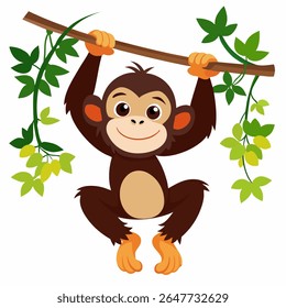 Cartoon baby monkey chimpanzee hanging on tree. Сute monkey swinging from vines lianes.Suitable for children's books, sticker, mascot, logo.Front view. Isolated vector illustration on white backgroud