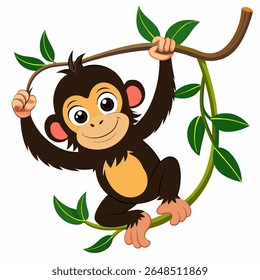 Cartoon baby monkey chimpanzee hanging on tree. Сute monkey swinging from vines lianes.Suitable for children's books, sticker, mascot, logo.Front view. Isolated vector illustration on white backgroud