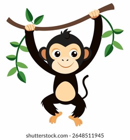 Cartoon baby monkey chimpanzee hanging on tree. Сute monkey swinging from vines lianes.Suitable for children's books, sticker, mascot, logo.Front view. Isolated vector illustration on white backgroud