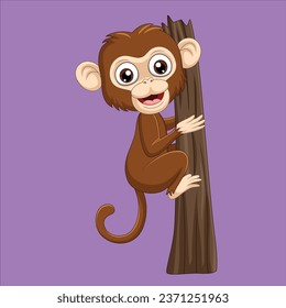 Cartoon baby monkey climbing tree branch character design illustration