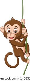 Cartoon baby monkey hanging on a tree branch