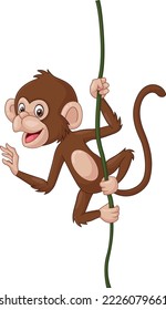 Cartoon baby monkey hanging on a tree branch