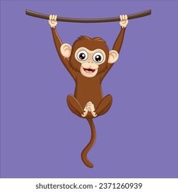 Cartoon baby monkey hanging on a wood branch character design illustration