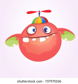 Cartoon baby monster in funny children hat with propeller. Vector illustration