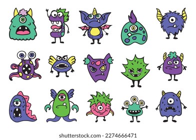 Cartoon baby monsters, face templates. Screaming aliens and halloween mutants, eyes and teeth, scary horn animal toys, super funny heads. Nursery design, vector tidy flat illustration