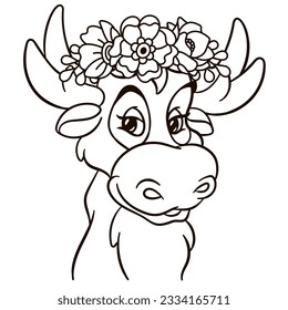 Caricatura de alce de bebé en corona floral. Huella de cría de animales para bebés