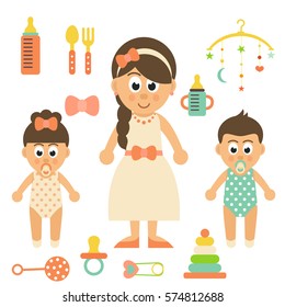cartoon baby and mother with elements