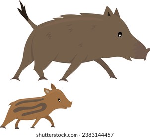 Cartoon baby and mother wild pig. Colorful vector illustration for children isolated on white background.