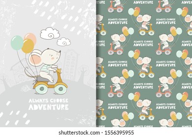 Cartoon baby mouse character riding on the bike with balloons. Kids card print template and seamless background pattern set. Hand drawn surface design vector illustration.