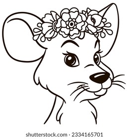 Cartoon baby mouse in floral crown. Cute baby animal nursery print