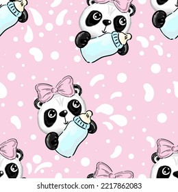cartoon baby newborn girl panda with bottle of milk on a white background seamless pattern