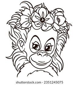 Cartoon baby orangutan in floral crown. Cute baby animal nursery print