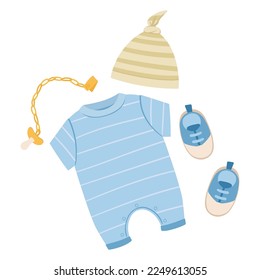 Cartoon baby outfit. Baby boy or girl casual garments, cute little romper, baby pacifier and hat flat vector illustration on white backgroun