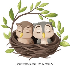 Cartoon baby owl bird sleeping in the nest