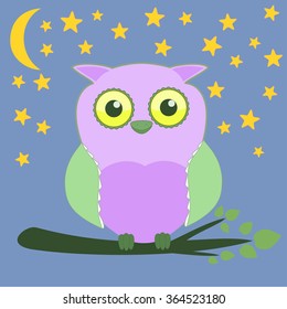 Cartoon baby owl on branch card Night sky background with moon and stars pattern Card template for Invitations, greetings, t-shirt prints, wallpaper design