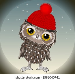 Cartoon baby owl in red hat stands on a night background with stars, vector color detailed illustration