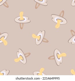 Cartoon Baby Pacifier Seamless Pattern. Beige, Cream And Soft Yellow Colours.