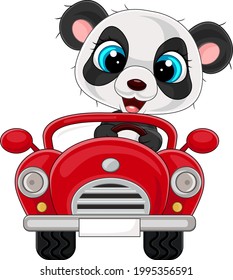 Cartoon Baby Panda Driving Red Car