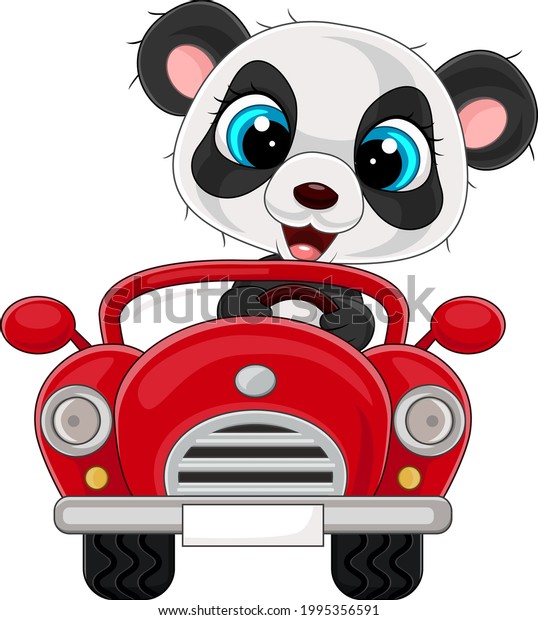 Cartoon baby panda driving red\
car