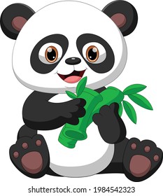 Cartoon baby panda eating bamboo