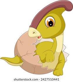 Cartoon baby parasaurolophus hatching from egg of illustration