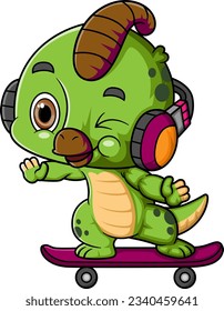 Cartoon baby parasaurolophus playing skateboard isolated on white background of illustration