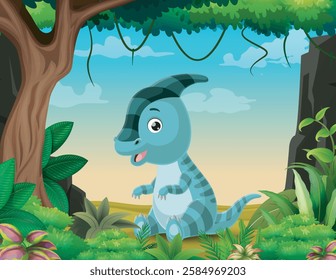 Cartoon baby parasaurolophus sitting on the jungle