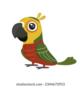 Dibujo de diseño de loro para bebés. Arte animal lindo. Pájaro feliz. Mascota tropical. Naturaleza exótica. Un amigo zoológico. Pequeña ala adorable. Obra de arte colorida. Aislado sobre fondo blanco. Ilustración del vector