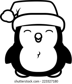 A cartoon baby penguin with a Christmas hat on.