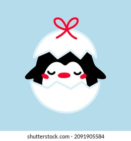 Cartoon baby penguin in egg shell. Penguin chick character.