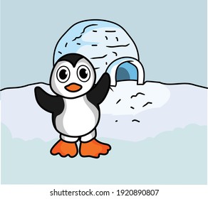 Cartoon Baby Penguin illustration Vector near igloo isolated 
