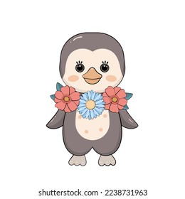 Cartoon baby penguin. Isolated vector illustration of cute animal with flowers.