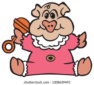 A cartoon baby pig is happily playing with it's toy rattle